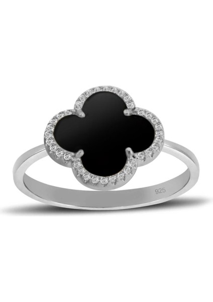 925 Ayar Gümüş Siyah Taşlı Yonca Yüzük