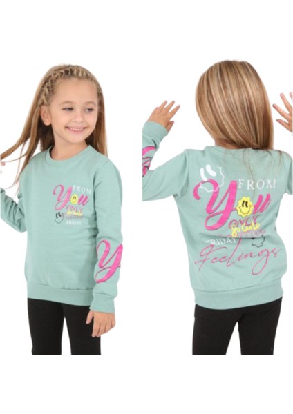 Kız Çocuk You Only Önü Arkası Yazı Resim Desenli Yeşil Renk Şardonlu Sweatshirt