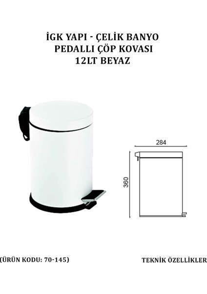 Çelik Banyo Pedallı Çöp Kovası 12 Lt Beyaz (70-145)