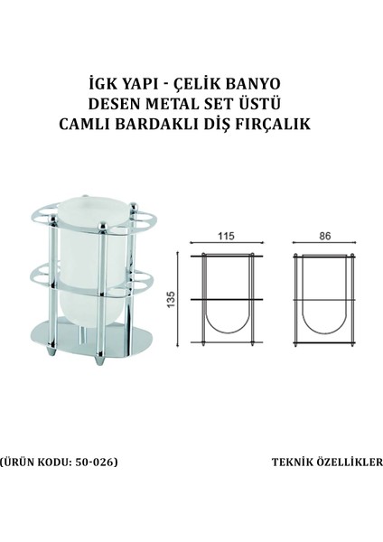 Desen Metal Set Üstü Camlı Bardaklı Diş Fırçalık (50-026)