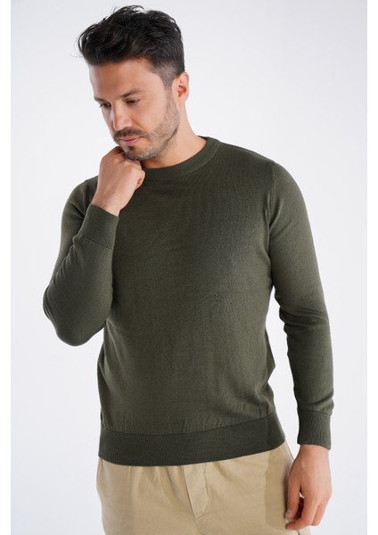 Erkek Haki %100 Pamuk Bisiklet Yaka Triko Kazak TRIST-1101