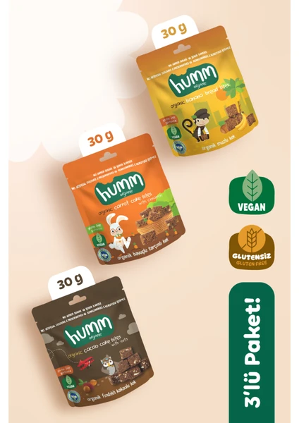 Organik Glutensiz Vegan Kek Atıştırmalık Paketi - 3 Adet (3 Çeşit)