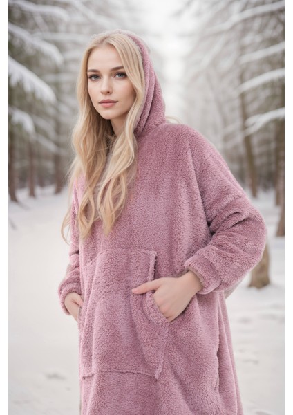 Lunaberry Yılbaşı Kapüşonlu Oversize Peluş Welsoft Traşlı Kumaş Sweat Panço Battaniye Giyilebilir Kışlık Pijama