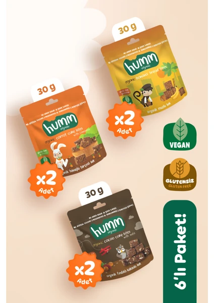 Organik Glutensiz Vegan Kek Atıştırmalık Paketi - 6 Adet (3 Çeşit)