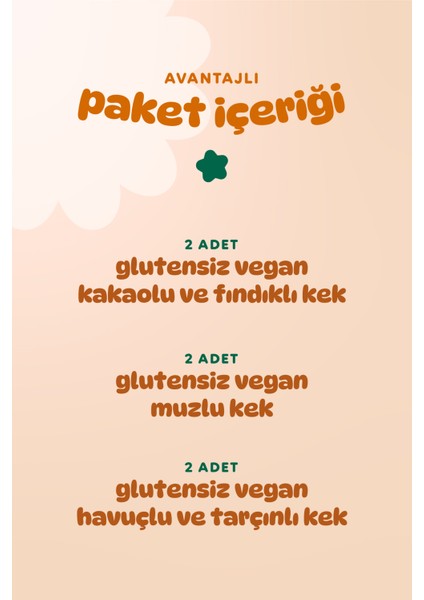 Organik Glutensiz Vegan Kek Atıştırmalık Paketi - 6 Adet (3 Çeşit)