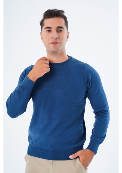 Erkek İndigo %100 Pamuk Bisiklet Yaka Triko Kazak TRIST-1101