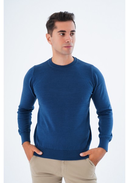 Erkek İndigo %100 Pamuk Bisiklet Yaka Triko Kazak TRIST-1101 modelleri