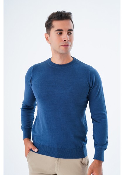 Erkek İndigo %100 Pamuk Bisiklet Yaka Triko Kazak TRIST-1101 indirimleri