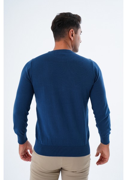 Erkek İndigo %100 Pamuk Bisiklet Yaka Triko Kazak TRIST-1101