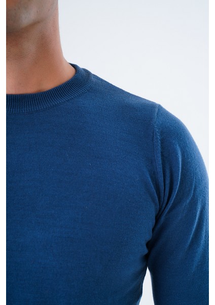 Erkek İndigo %100 Pamuk Bisiklet Yaka Triko Kazak TRIST-1101