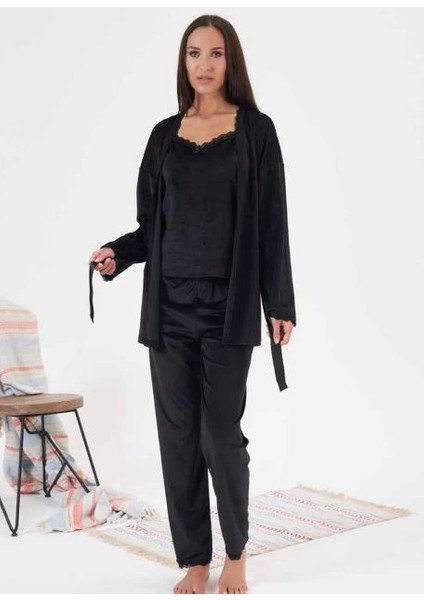 24397 Bayan Kadife 3'lü Pijama Takım