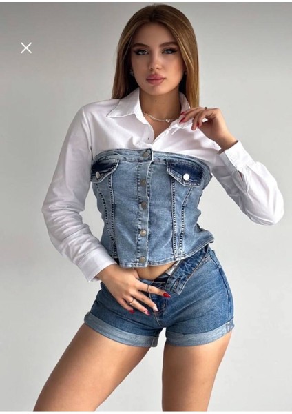 Denim Detaylı Likralı Kadın Gömlek