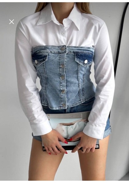 Denim Detaylı Likralı Kadın Gömlek