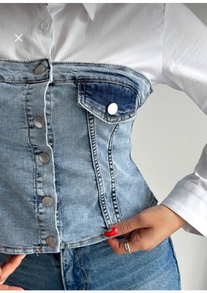 Denim Detaylı Likralı Kadın Gömlek