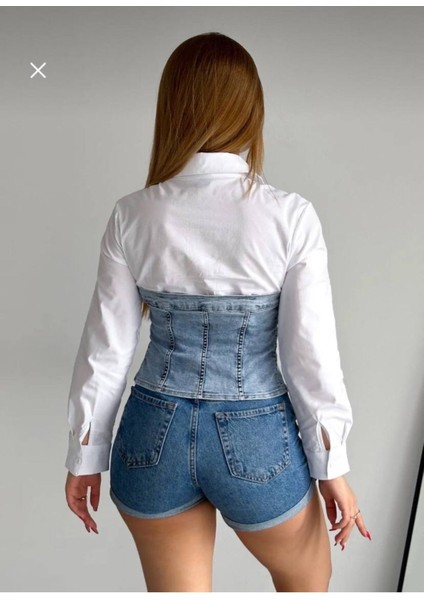 Denim Detaylı Likralı Kadın Gömlek