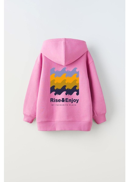 Kapüşonlu Içi Polar Rise And Enjoy Baskılı Pembe Unisex Çocuk Hoodie Sweatshirt