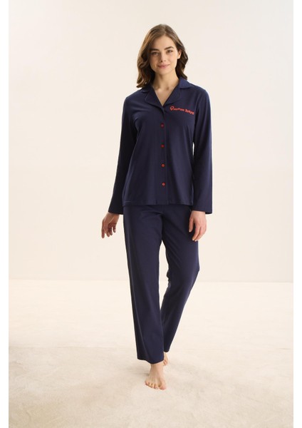 Kadın Uzun Kol Önden Düğmeli Lacivert Pijama Takım C3T9N9O51
