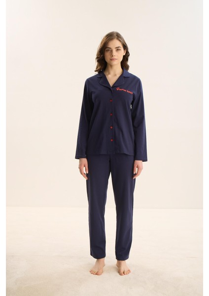 Kadın Uzun Kol Önden Düğmeli Lacivert Pijama Takım C3T9N9O51 modelleri