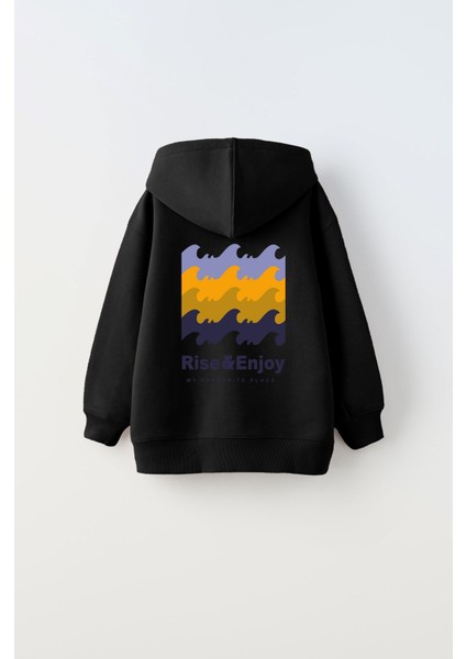 Kapüşonlu Içi Polar Rise And Enjoy Baskılı Siyah Unisex Çocuk Hoodie Sweatshirt