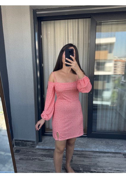 Pembe Açık Omuz Balon Kollu Mini Elbise