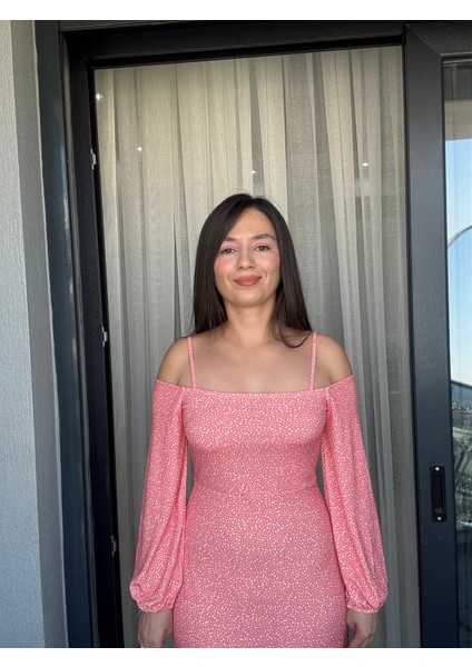 Pembe Açık Omuz Balon Kollu Mini Elbise fiyatları