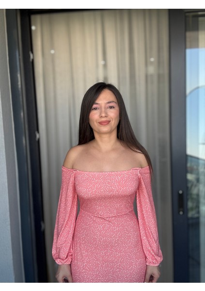 Pembe Açık Omuz Balon Kollu Mini Elbise modelleri