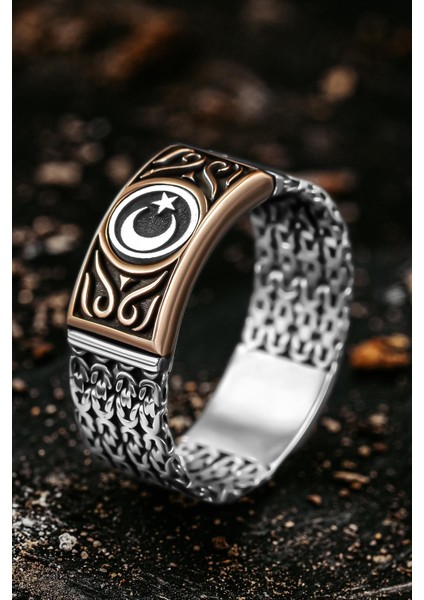 Erkek Gümüş Yüzük - Kral Zincirli Ay Yıldız Işlemeli Erkek Yüzük