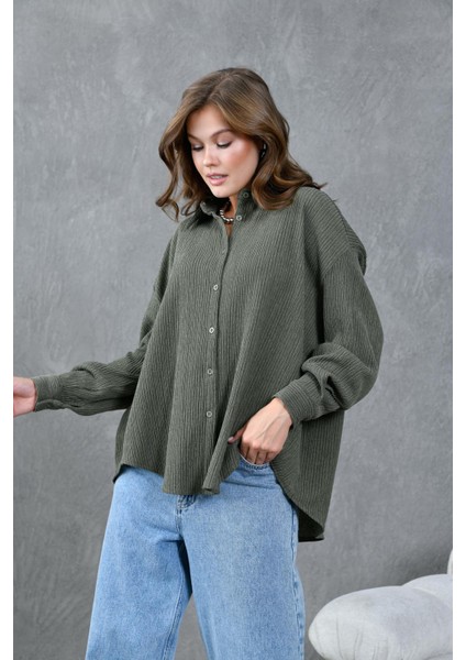 Kadın Haki Krinkıl Kumaş Gömlek 28175