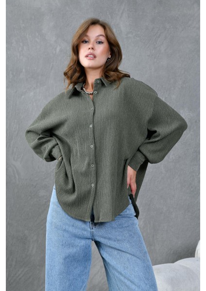 Kadın Haki Krinkıl Kumaş Gömlek 28175 modelleri
