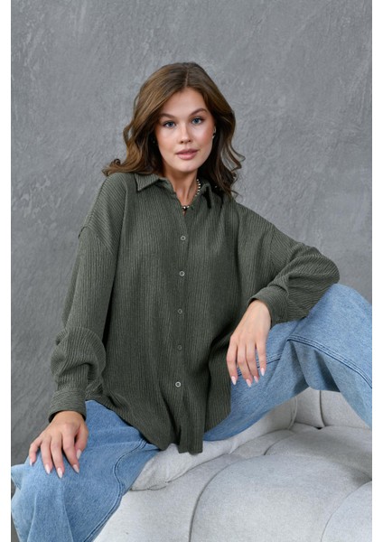 Kadın Haki Krinkıl Kumaş Gömlek 28175 fırsatları