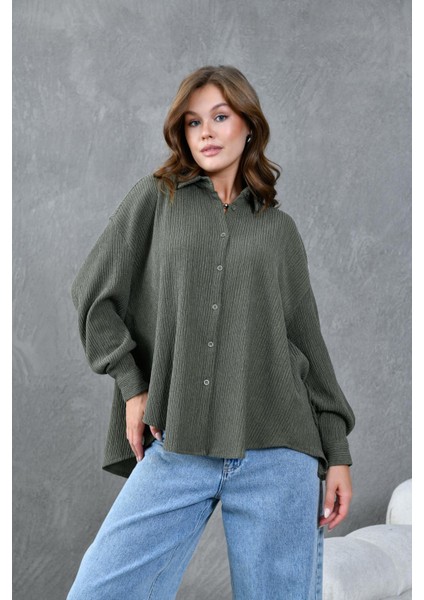 Kadın Haki Krinkıl Kumaş Gömlek 28175 indirimleri
