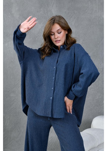 Kadın Indigo Krinkıl Kumaş Gömlek 28175 modelleri