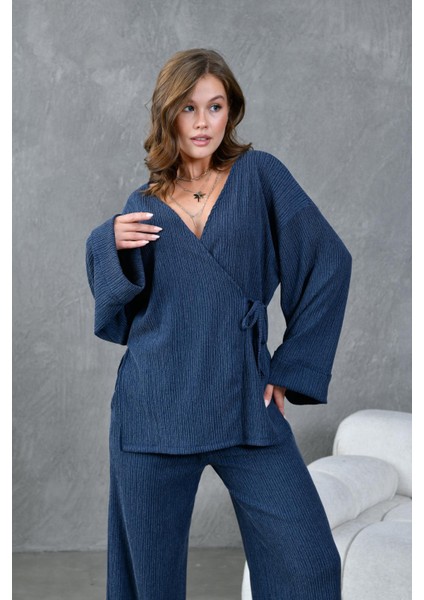 Kadın Indigo Krinkıl Kumaş Kimono 28174 modelleri