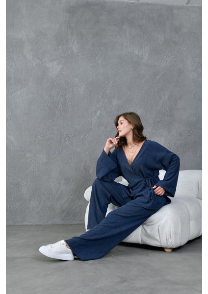 Kadın Indigo Krinkıl Kumaş Kimono 28174 fırsatları