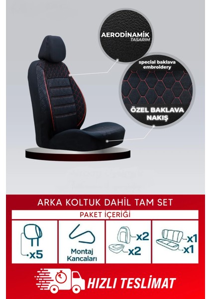 Serisi Universal Oto Koltuk Kılıfı Tam Set Siyah-Kırmızı Dikişli modelleri