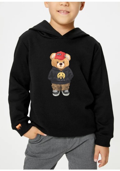 Pamuklu Özel Tasarım Bear Baskılı Siyah Sweatshirt