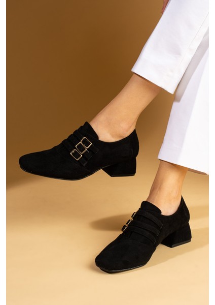 Küt Burunlu 3 Tokalı Topuklu Kadın Ayakkabı 53-400-24SÜET