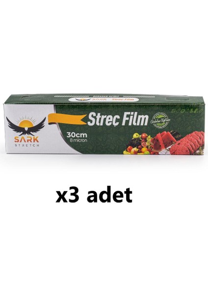 30 cm x 300 Metre 8 Micron Kutulu Kayar Bıçaklı Polietilen Gıda Tipi Streç 3 Adet