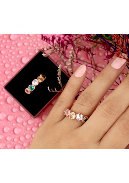 925 Ayar Gümüş Rainbow Yarım Tur Kalp Yüzük modelleri