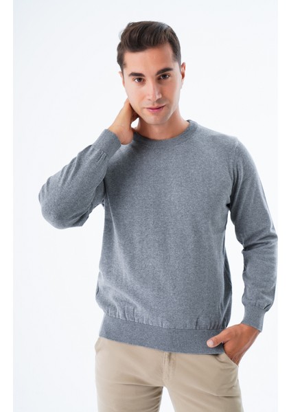 Erkek Koyu Gri %100 Pamuk Bisiklet Yaka Triko Kazak TRIST-1101
