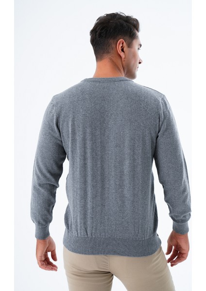 Erkek Koyu Gri %100 Pamuk Bisiklet Yaka Triko Kazak TRIST-1101