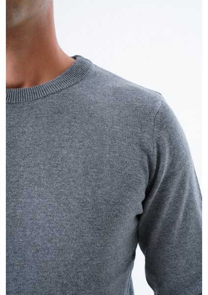 Erkek Koyu Gri %100 Pamuk Bisiklet Yaka Triko Kazak TRIST-1101