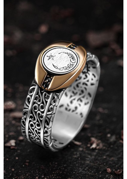Erkek Gümüş Yüzük - Sarmal Model Zirkon Taşlı Ay Yıldız Işlemeli Erkek Yüzük