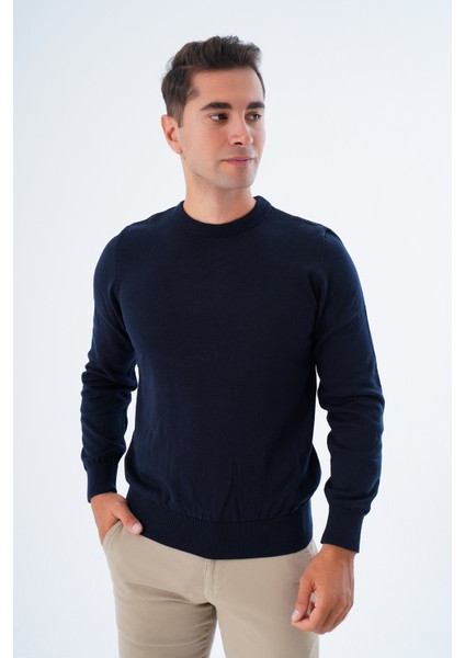 Erkek Lacivert %100 Pamuk Bisiklet Yaka Triko Kazak TRIST-1101