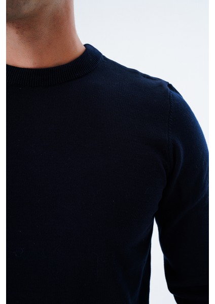 Erkek Lacivert %100 Pamuk Bisiklet Yaka Triko Kazak TRIST-1101