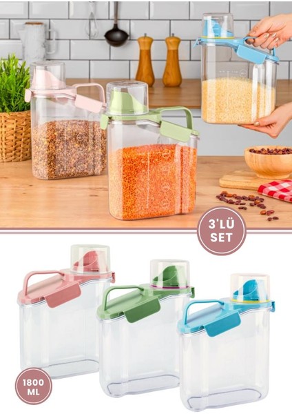 Çok Fonksiyonlu Un, Bakliyat, Deterjan Saklama Kabı (Contalı Sızdırmaz) 1800 ml 3'lü Set