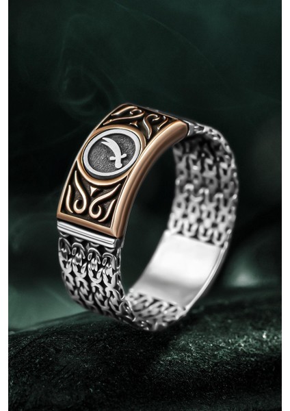 Erkek Gümüş Yüzük - Kral Zincirli Zülfikar Kılıcı Işlemeli Erkek Yüzük