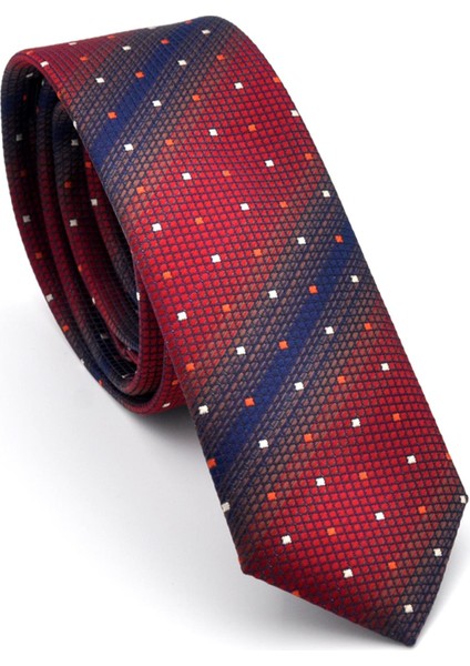Bordo Kahverengi ve Lacivert Verev Desenli Dokuma Kumaş Mendilli Slim Fit Kravat // SDK-240802