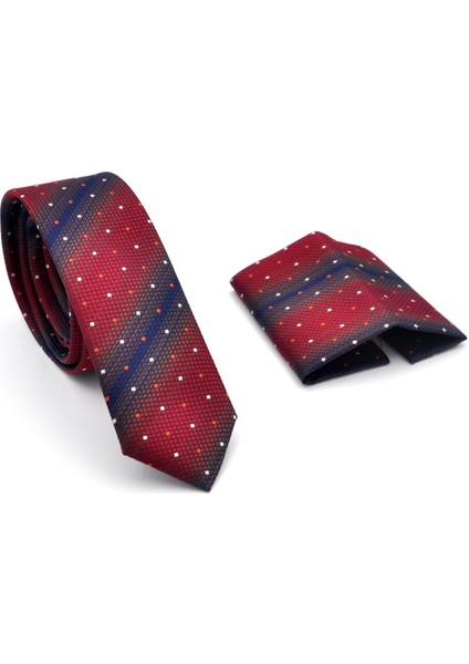 Bordo Kahverengi ve Lacivert Verev Desenli Dokuma Kumaş Mendilli Slim Fit Kravat // SDK-240802 fiyatları