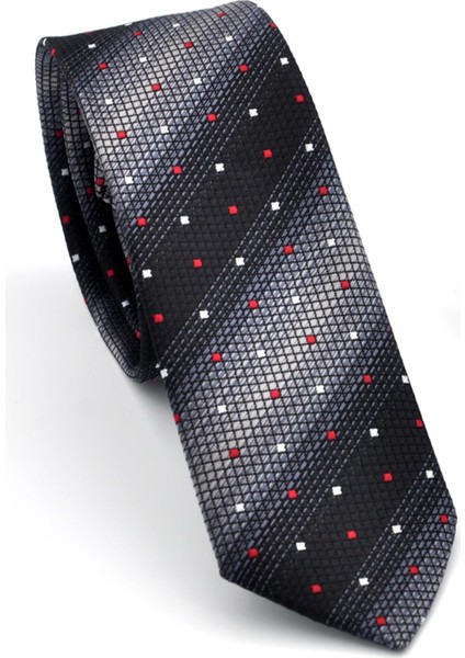 Gri Füme ve Siyah Verev Desenli Dokuma Kumaş Mendilli Slim Fit Kravat // SDK-240803